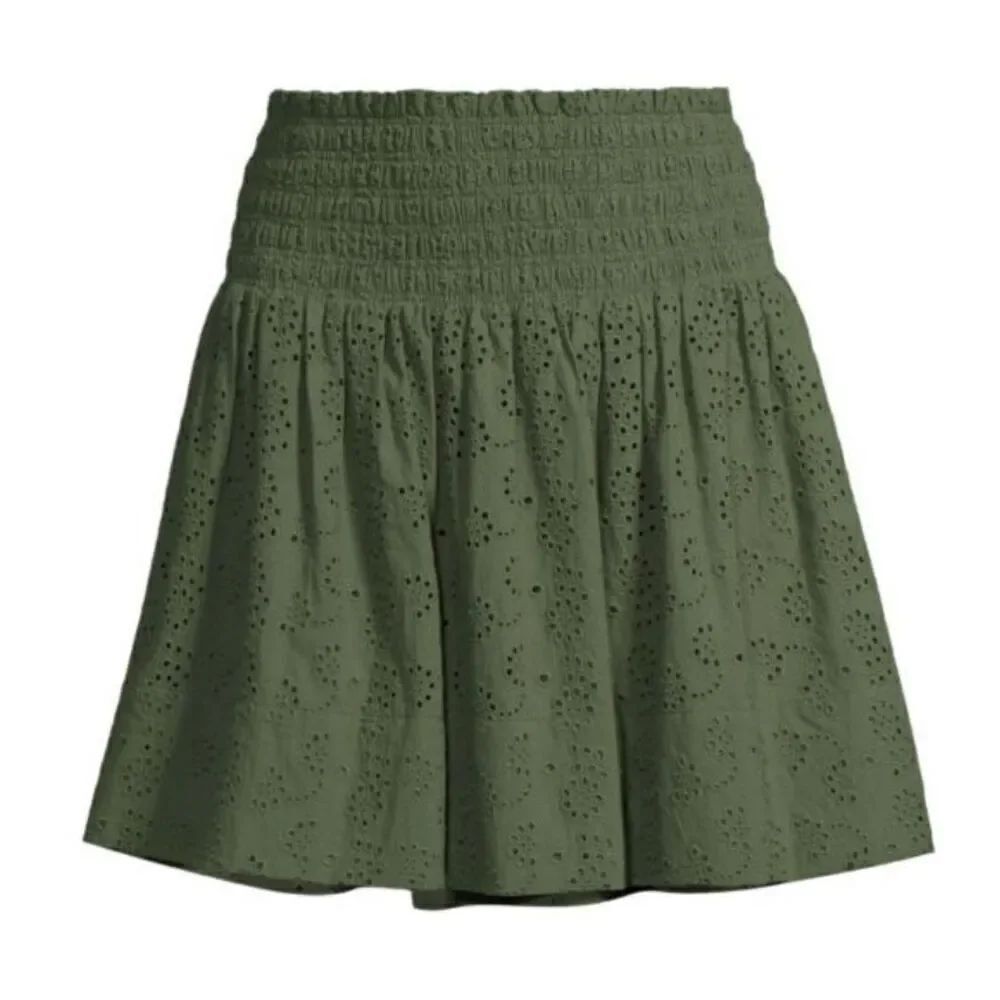 JASON WU Smocked Eyelet Mini Skirt in Olive Green NWT Size Large
